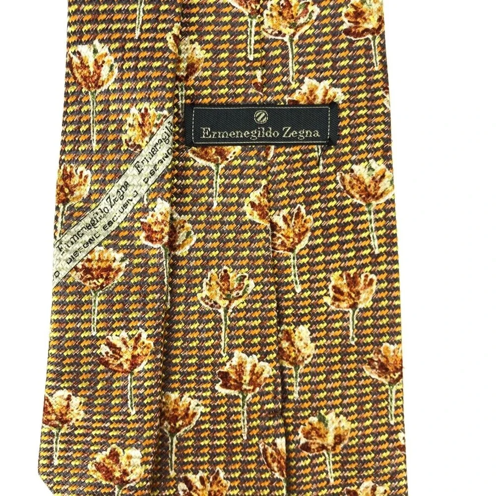 ERMENEGILDO ZEGNA Tie Brown Mix Floral Elegant Necktie Silk Made Italy 3.75x57